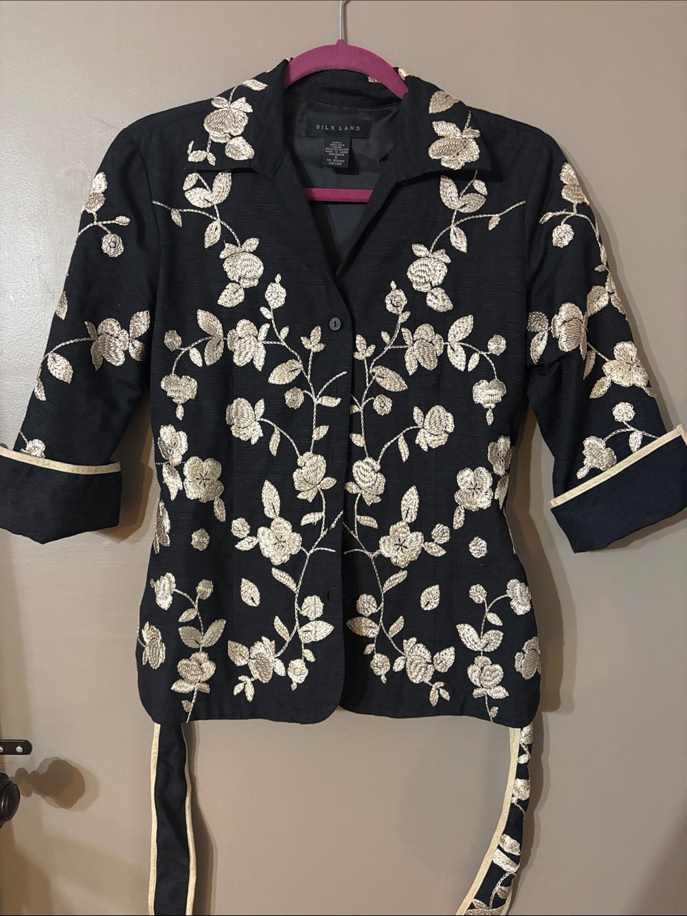 SilkLand Black Button-Down Jacket with Gold Floral Embroidery